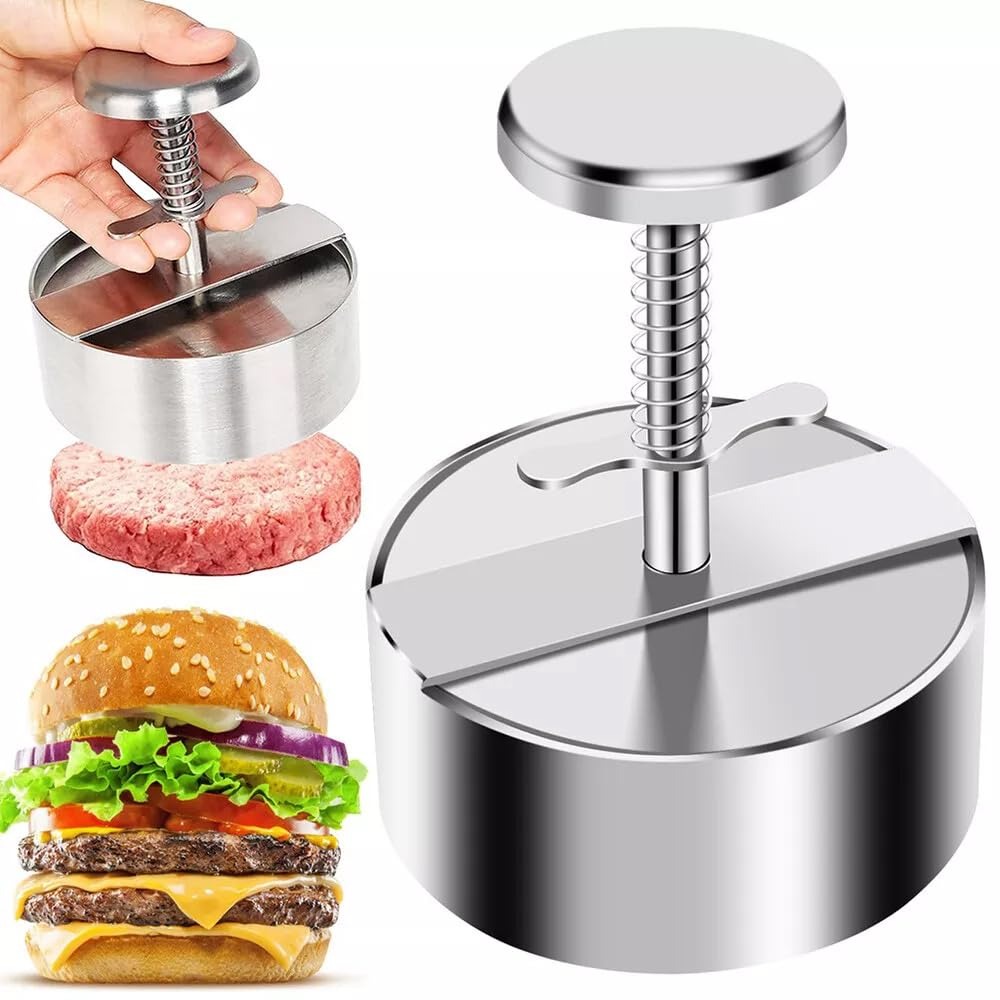 Burger Press, Stainless Steel Hamburger Patty Maker, Adjustable Hamburger Patty Maker, Non Stick Patty Making Mold with Spring Button for BBQ and Homemade Hamburger (8 CM)