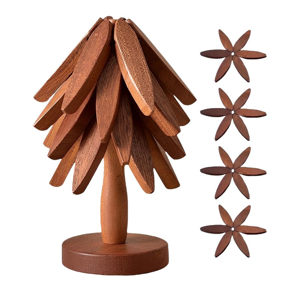 ZIBUYU Tree Shape Wooden Coaster Set, Kitchen Anti-Hot Wooden Trivet Set, 4 Piece Stackable for Hot Dishes and Dish Stand